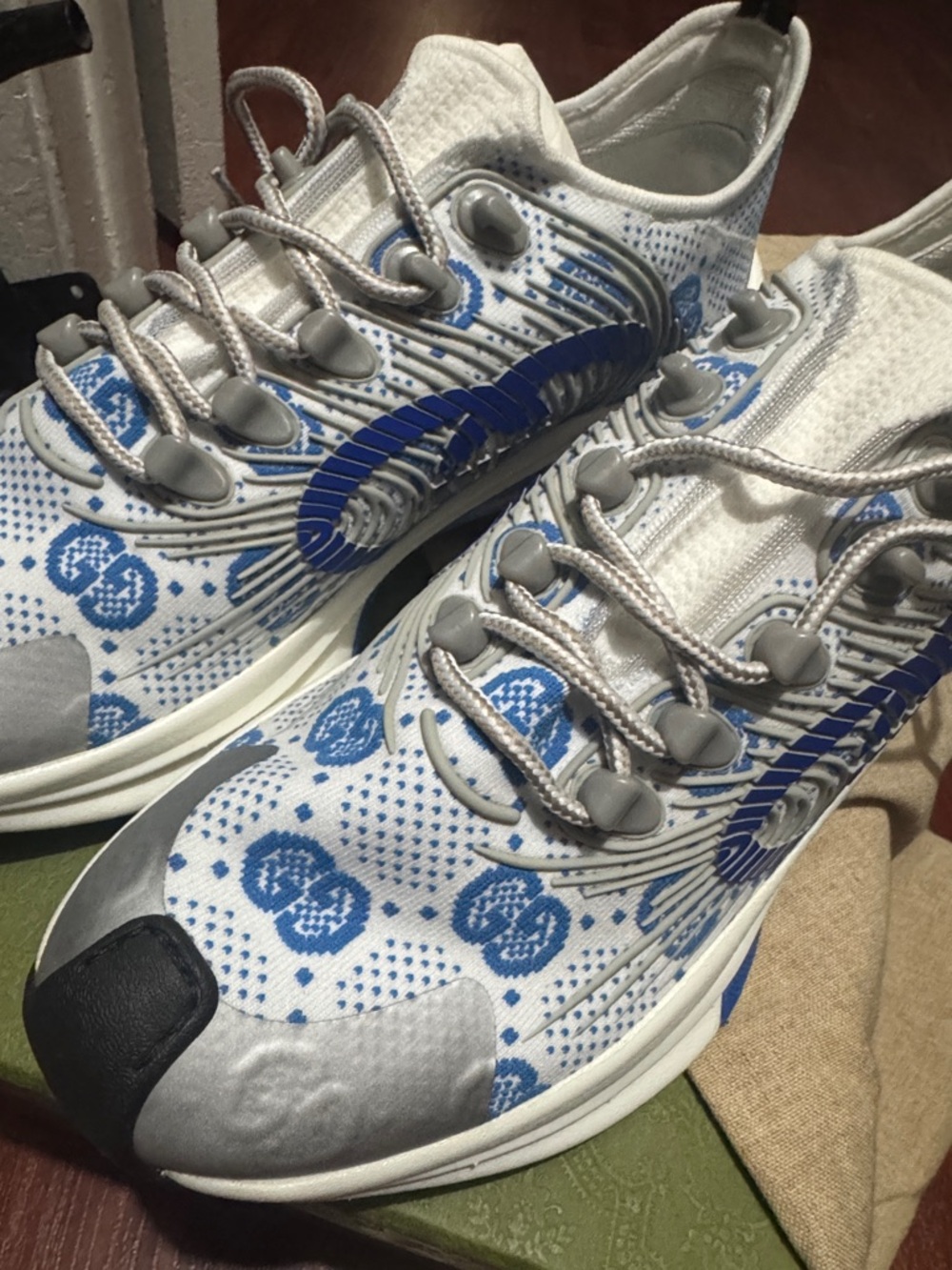 Gucci White and Blue GG Mesh Runner Sneakers - Picture 5 of 5